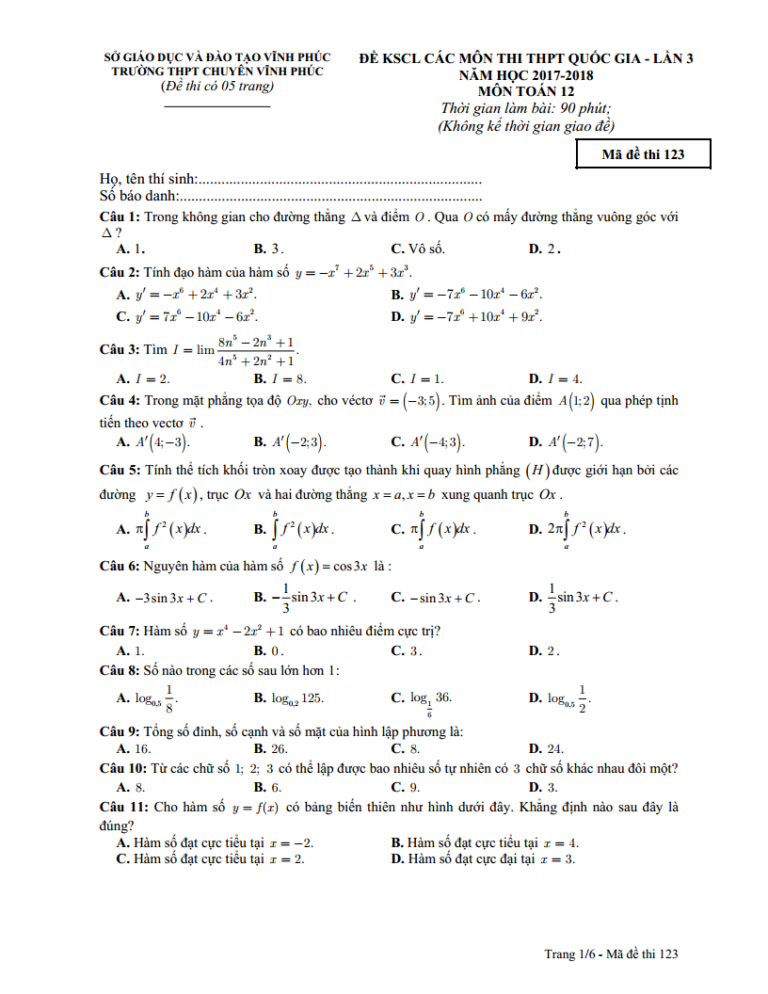 Đề thi thử môn Toán trường THPT Chuyên Vĩnh Phúc – Vĩnh Phúc lần 3 ...